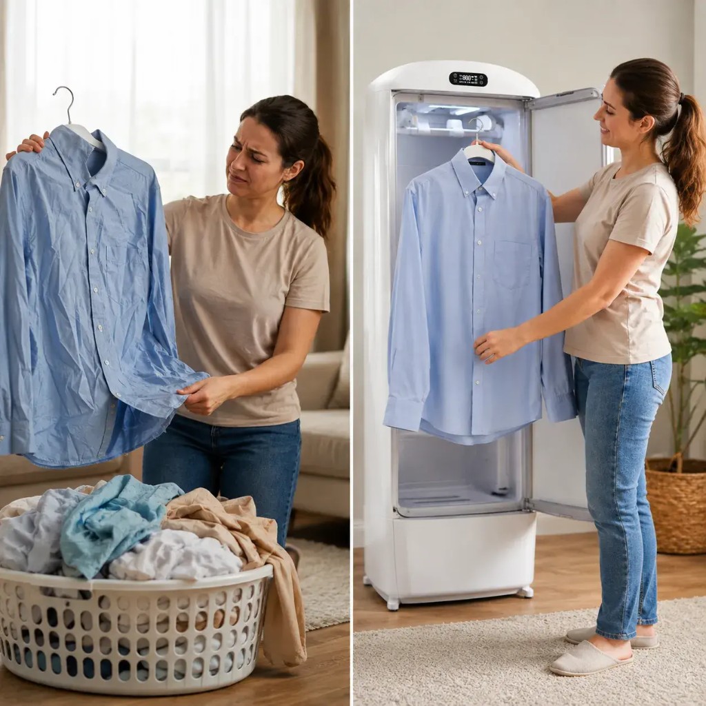 Quando non lo usi, piegalo e riponilo facilmente nell'armadio o sotto il letto. Perfetto per case piccole: sostituisce stendino e ferro in un unico dispositivo intelligente, con consumo energetico ottimizzato.