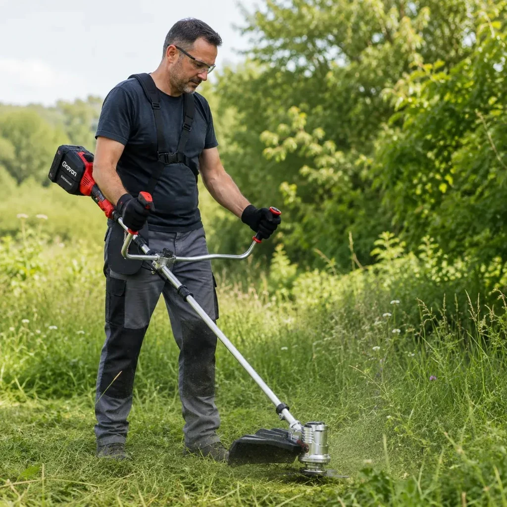 Decespugliatore Gravon brushless in uso sul prato