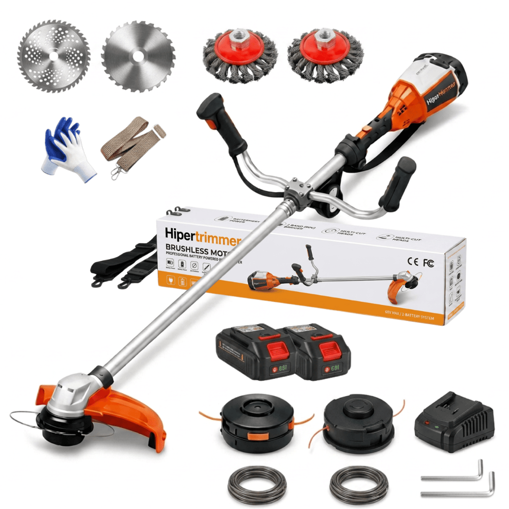 HyperTrimmer 3000 — 60V brushless 3000W battery trimmer with dual lithium batteries, 3 interchangeable cutting heads and ergonomic harness